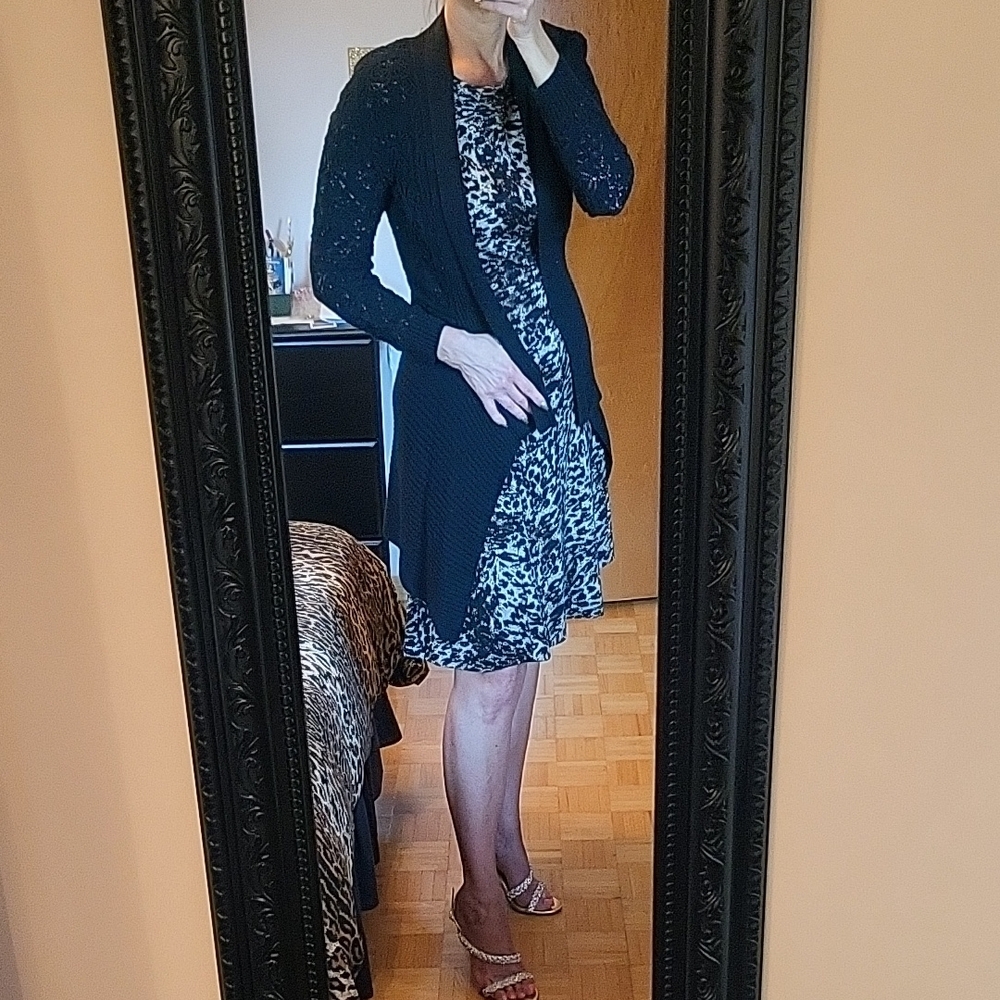 Belldini Black Elegant Open Cardigan Sweater, Crochet Lace Back & Sleeves, M - Picture 3 of 16